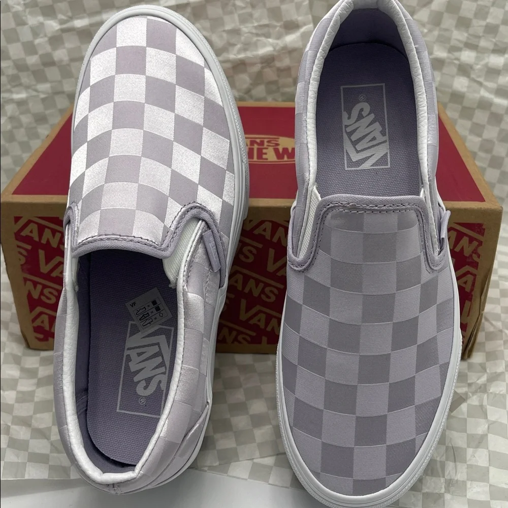 Vans Platform Sneakers Classic Slip-On Stackform Satin Checkerboard Lilac